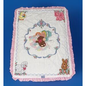 Quilted Embroidered Cross Stitch Baby Blanket Hand Stitched 32 X 40